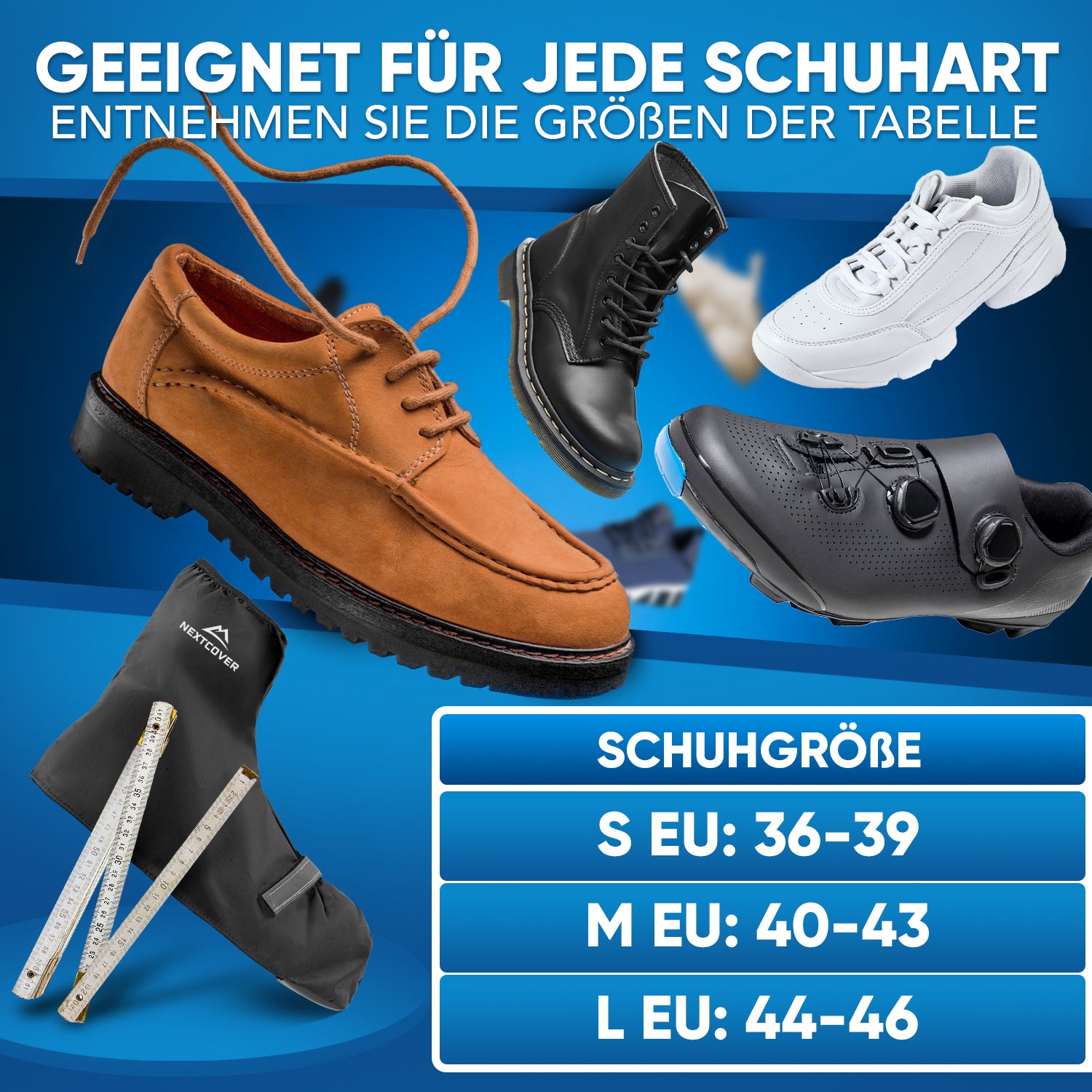 Nextcover wasserdichte Fahrrad-Überschuhe in drei Größen (S EU 36–39, M EU 40–43, L EU 44–46) – geeignet für alle Schuharten, von Sneakern bis Boots.