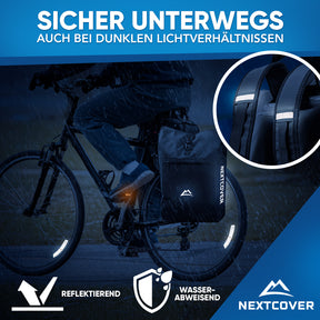 Fahrradfahrer mit wasserabweisendem Nextcover Rucksack und reflektierenden Details für erhöhte Sichtbarkeit und Sicherheit bei Dunkelheit.