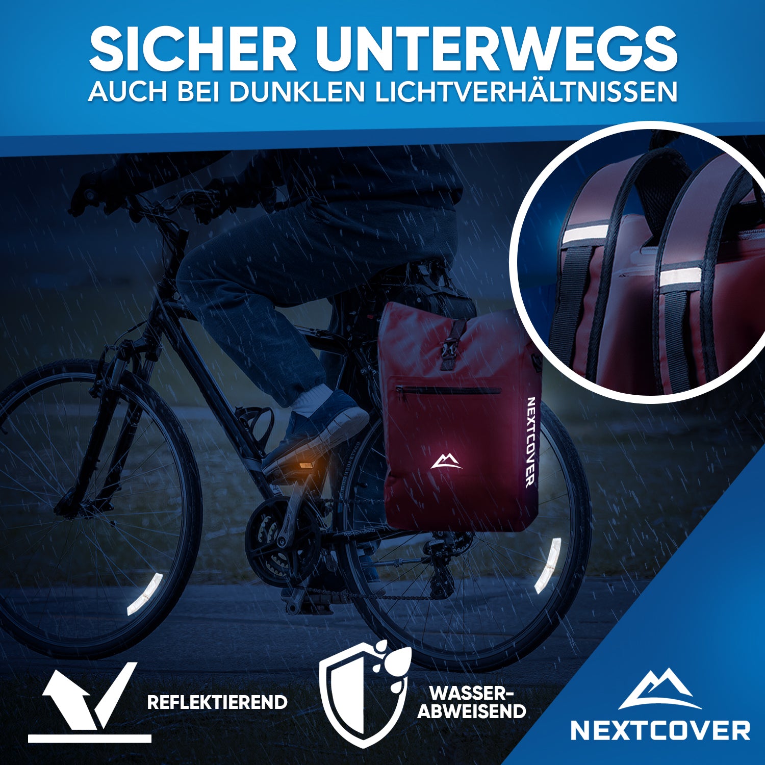 Fahrradfahrer mit wasserabweisendem Nextcover Rucksack und reflektierenden Details für erhöhte Sichtbarkeit und Sicherheit bei Dunkelheit.