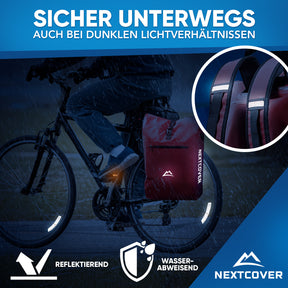 Fahrradfahrer mit wasserabweisendem Nextcover Rucksack und reflektierenden Details für erhöhte Sichtbarkeit und Sicherheit bei Dunkelheit.