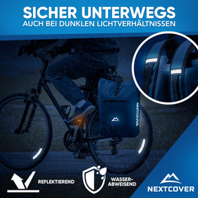 Fahrradfahrer mit wasserabweisendem Nextcover Rucksack und reflektierenden Details für erhöhte Sichtbarkeit und Sicherheit bei Dunkelheit.