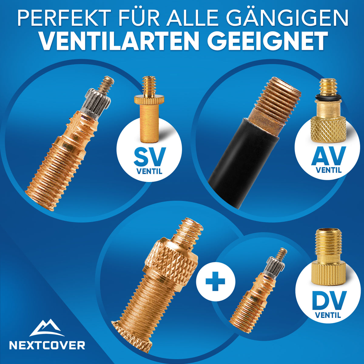 Nextcover Universal-Ventiladapter-Set, kompatibel mit Sclaverand (SV), Auto (AV) und Dunlop (DV) Ventilen, aus hochwertigem Messing für alle gängigen Fahrradventile und Luftbefüllungen.