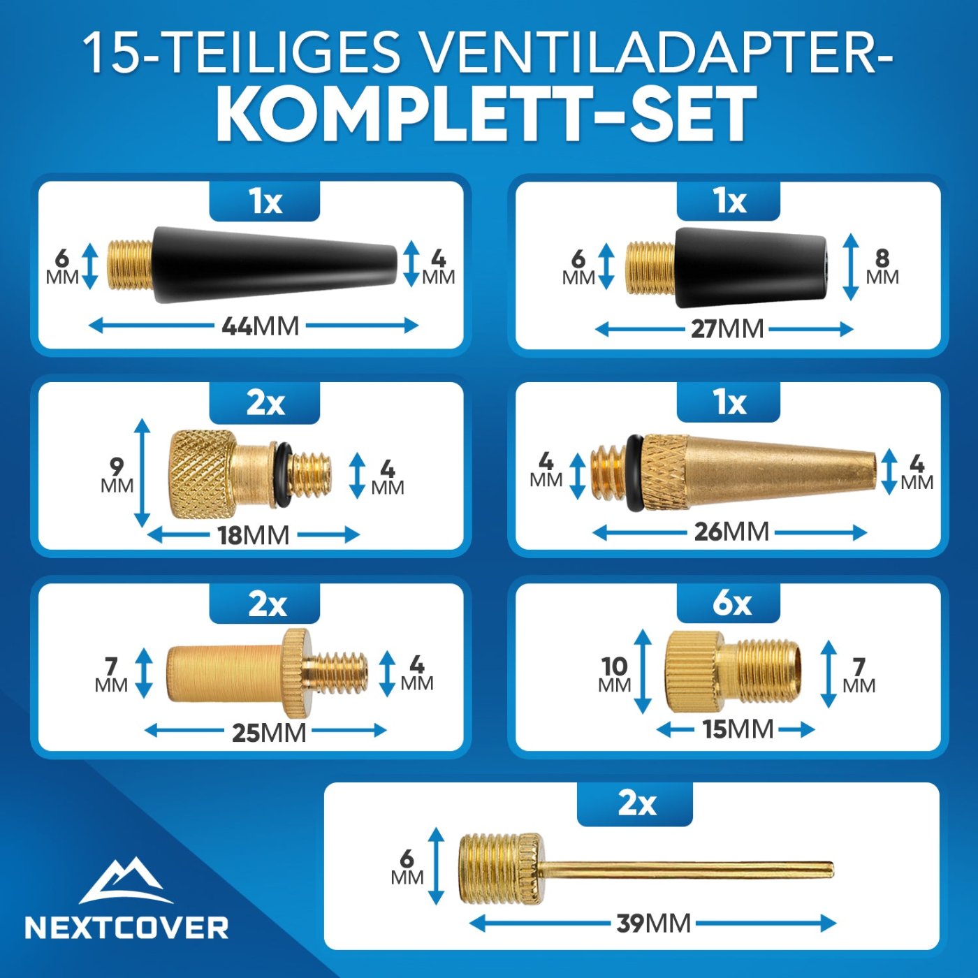 Nextcover 15-teiliges Universal-Ventiladapter-Komplettset mit Größenangaben für Kegeladapter, Ballnadeln und Presta-/Schrader-Adapter, ideal für Fahrradreifen und Sportbälle.