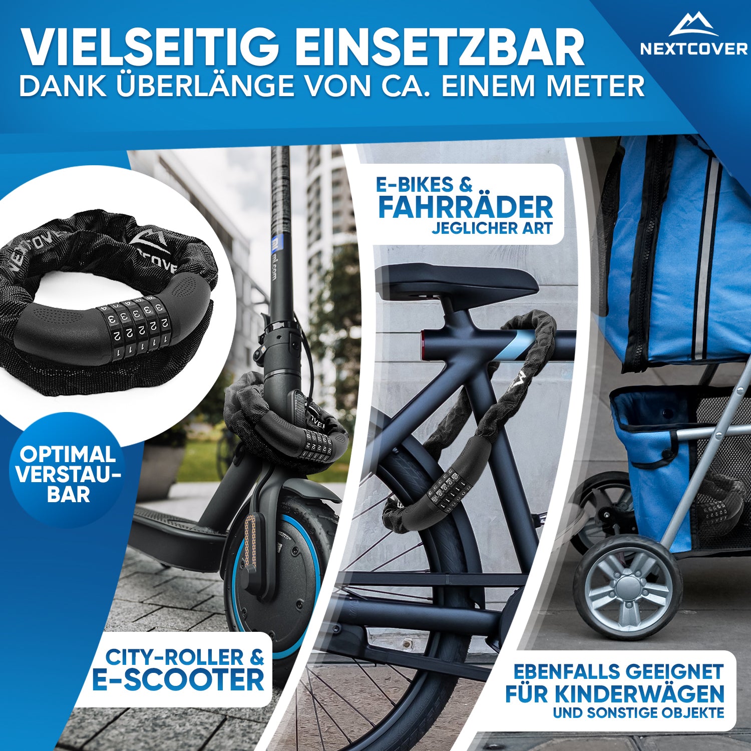 Nextcover Kettenschloss mit ca. 1 m Überlänge, vielseitig einsetzbar für E-Bikes, Fahrräder, City-Roller, E-Scooter und Kinderwägen, optimal verstaubar für maximalen Diebstahlschutz.