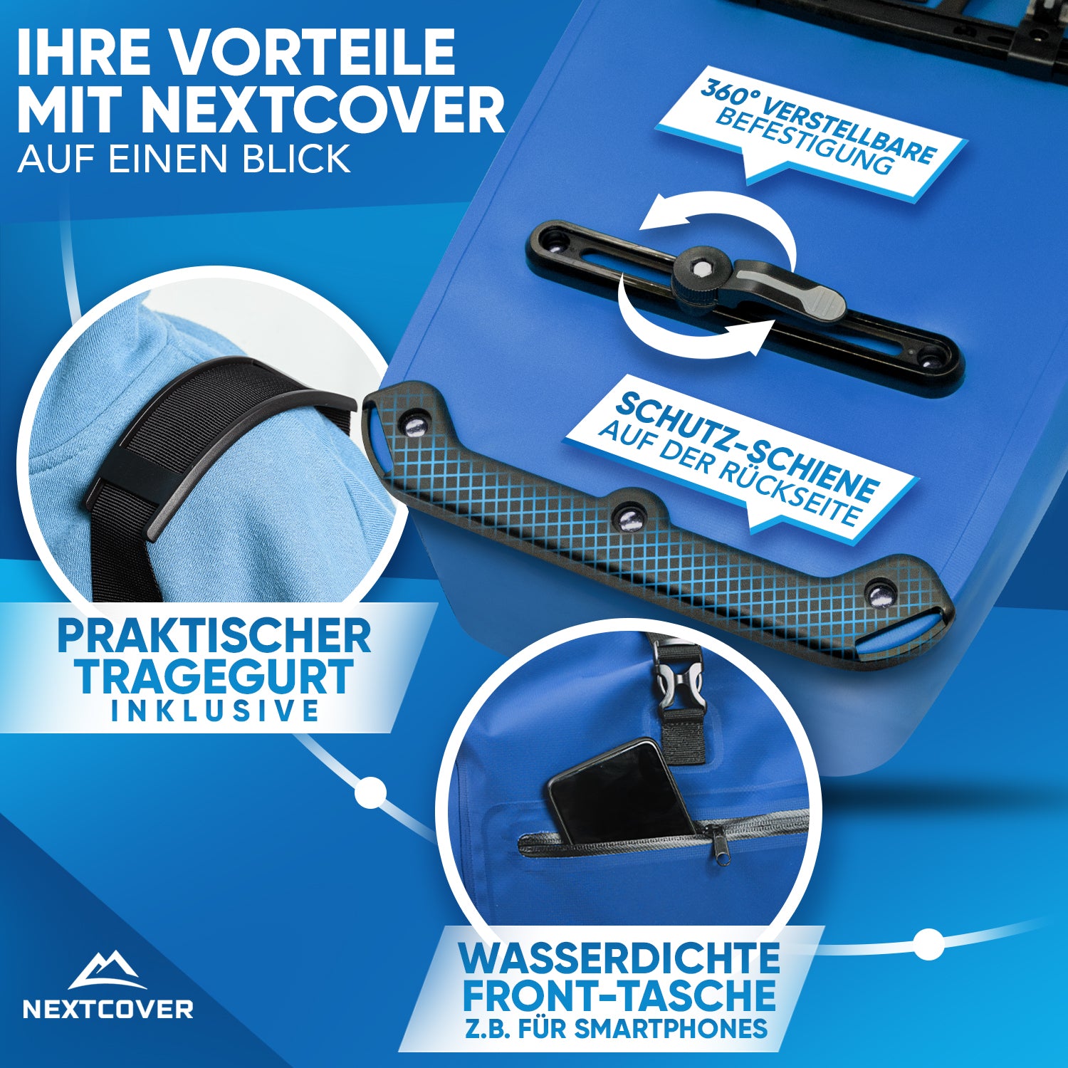 Nextcover Fahrradtasche mit 360° verstellbarer Befestigung, integrierter Schutzschiene, praktischem Tragegurt und wasserdichter Fronttasche für Smartphones