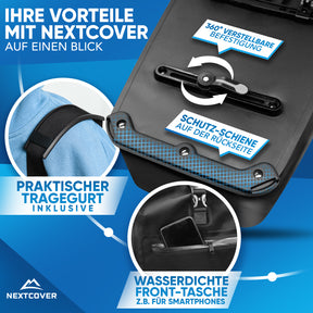 Nextcover Fahrradtasche mit 360° verstellbarer Befestigung, integrierter Schutzschiene, praktischem Tragegurt und wasserdichter Fronttasche für Smartphones