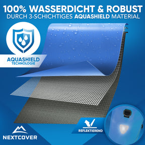 Nextcover Fahrradtasche mit dreischichtigem Aquashield-Material, 100% wasserdicht und robust, reflektierende Details für optimale Sicherheit.