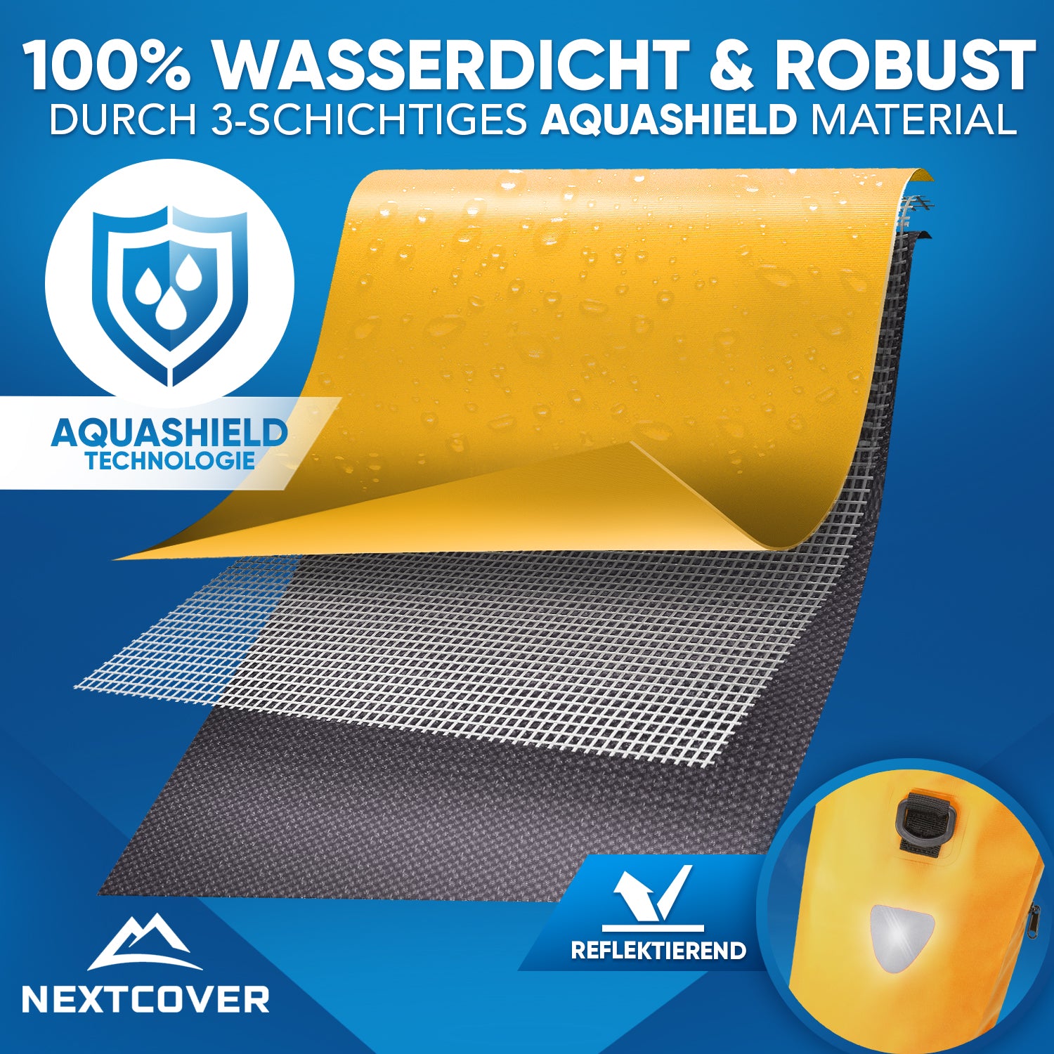 Nextcover Fahrradtasche mit dreischichtigem Aquashield-Material, 100% wasserdicht und robust, reflektierende Details für optimale Sicherheit.