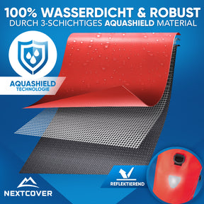 Nextcover Fahrradtasche mit dreischichtigem Aquashield-Material, 100% wasserdicht und robust, reflektierende Details für optimale Sicherheit.