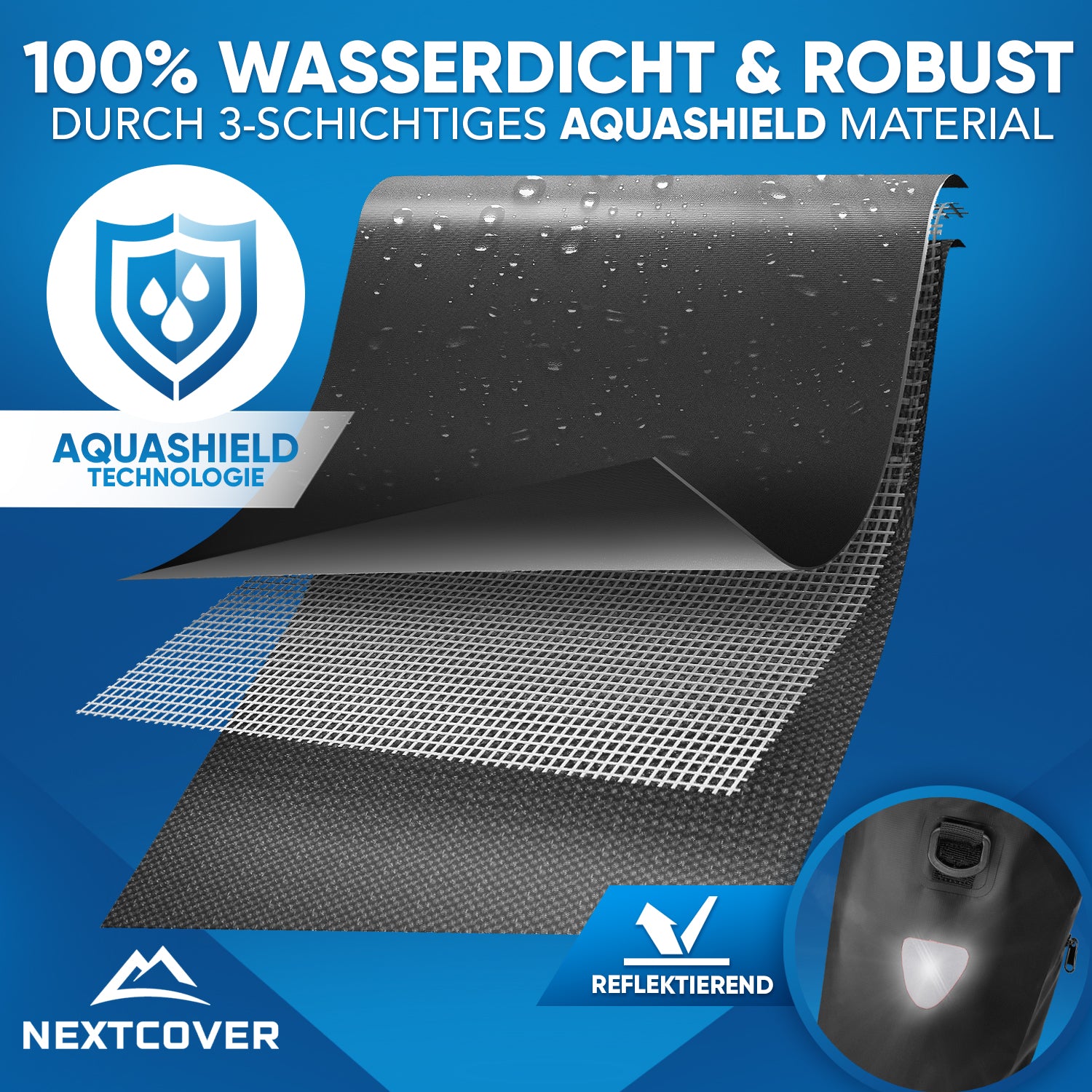 Nextcover Fahrradtasche mit dreischichtigem Aquashield-Material, 100% wasserdicht und robust, reflektierende Details für optimale Sicherheit.